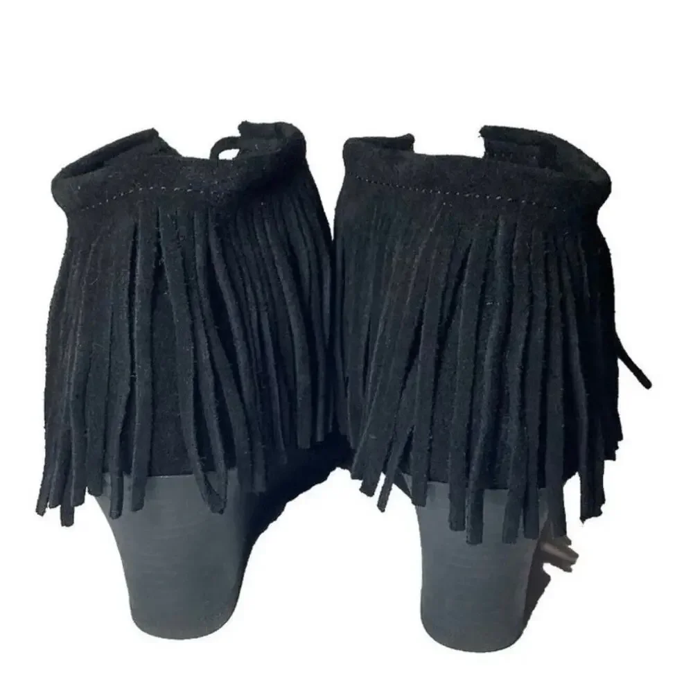 MINNETONKA Womens Black Suede Fringe WEDGE Booties Size 8.5 LACE Up